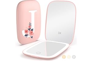 MOPIS Personalized Gifts for Women Girls, Rechargeable Travel Mirror with 3 Color Lights and Auto-Off Feature, 1X/3X Mini Led Compact Makeup Mirror for Purse, Stocking Stuffers for Girls Women-Letter J