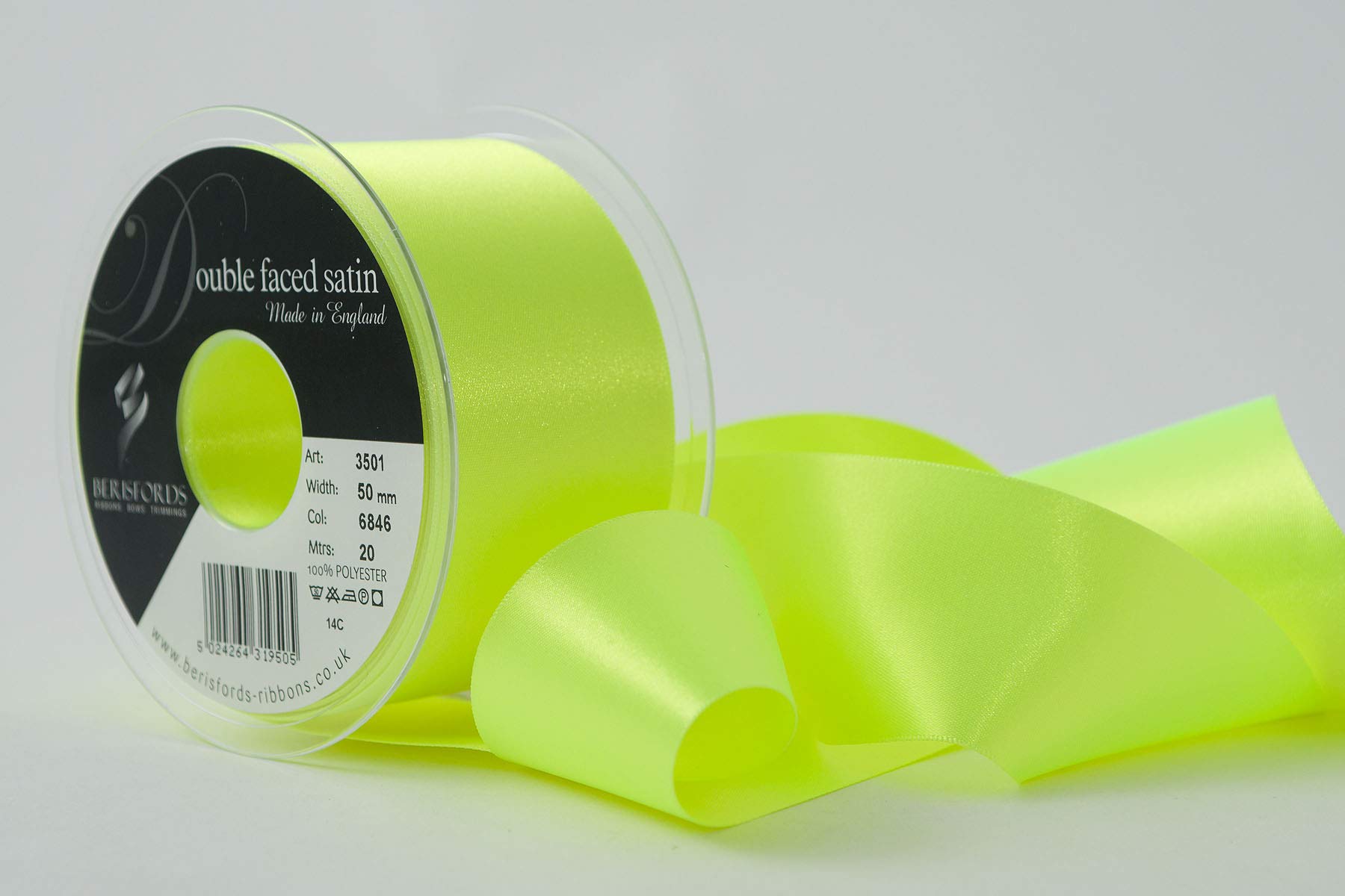 Berisfords Double Satin Ribbon, Flo Yellow, 50 mm — image 1