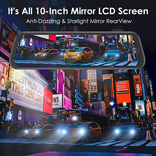 AZDOME 10" Mirror Dash Cam, Dual Lens Touch Screen,1080P HD Car Camera, Waterproof Backup Camera,Rear View Mirror Camera with Lane Departure Warning System,G-Sensor, Parking Assistance