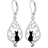 Black Cat Earrings for Women Dangle Cute Cat Sterling Silver Earrings Leverback Halloween Christmas Jewelry Cats Gifts
