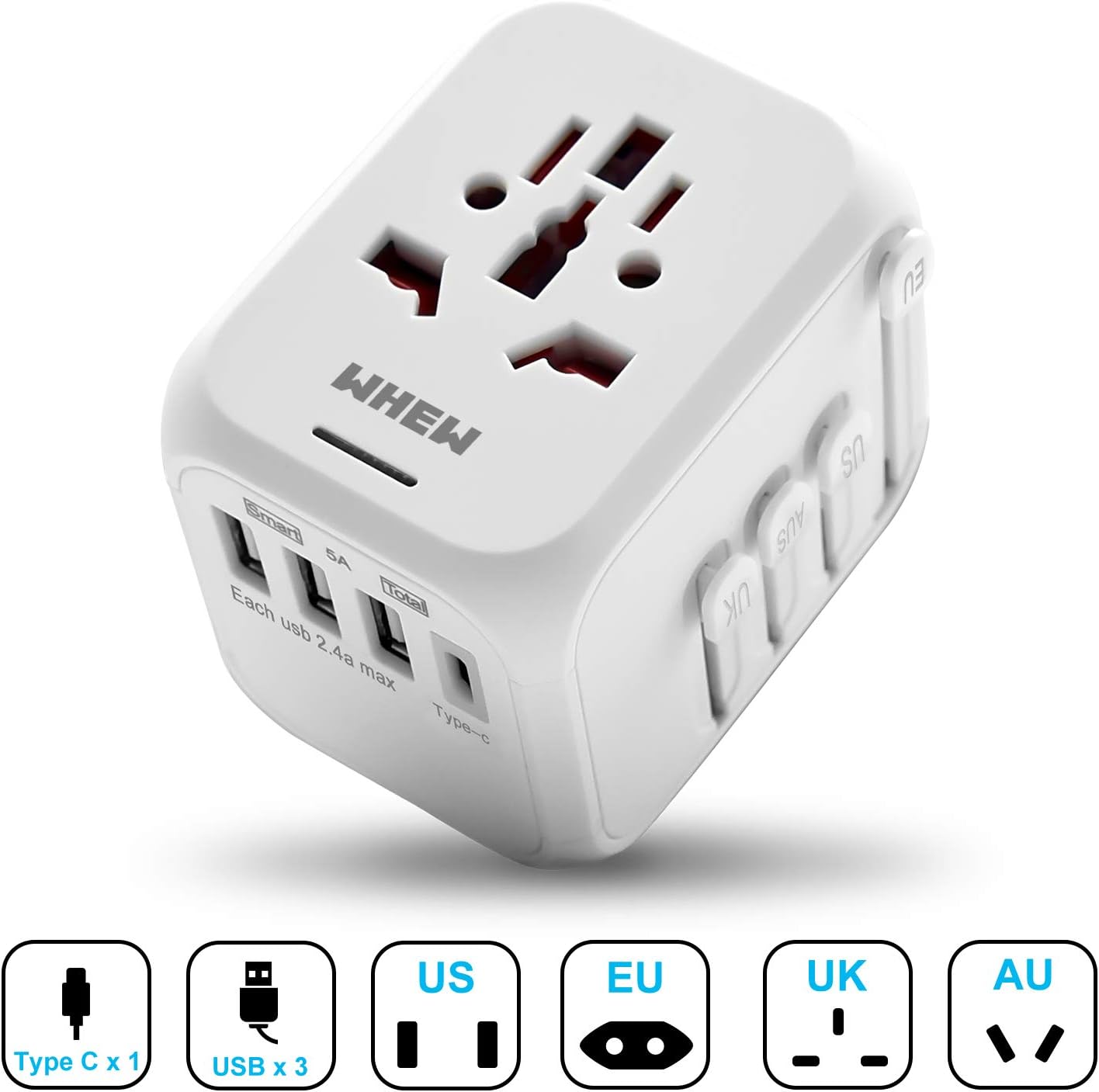 Universal International Travel Adapter with Auto-Reset Fuse, Whew All-in-One Worldwide Power Adapter Travel Plug Adapter, 5A USB Output, 1 Type C, 3 USB for US, UK, EU, AU, 170+ Countries (White)