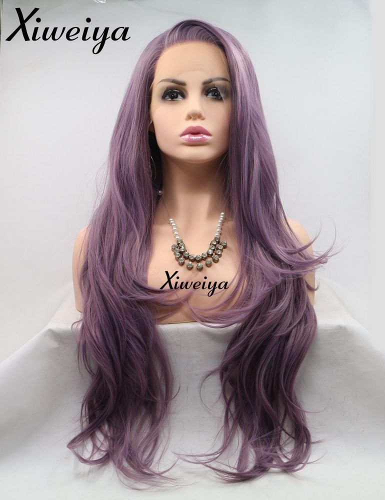 Xiweiya 24inch Mixed Purple Hair Wig Long Body Wave Mixed Purple Synthetic Lace Front Wigs For Women Side Part Heat Resistant Fiber Makeup 24 Inches