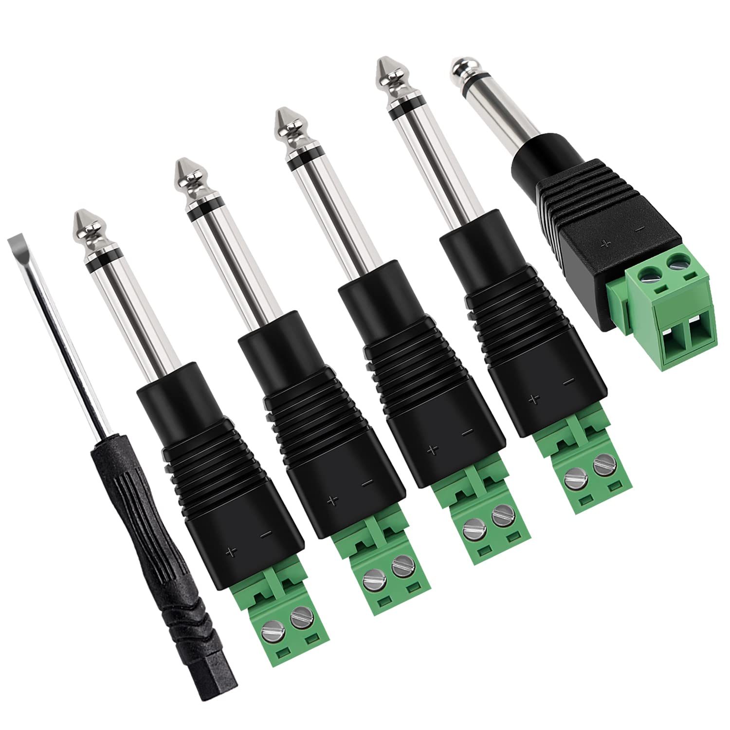 KUOQIY 5 PCS 6.35mm TRS Male Plug to Screw Terminal Adapter, 1/4 Inch Mono Solderless Connector, 2 Pole Female Screw Terminal Converter Adapter for Microphone Speaker, with Screwdriver