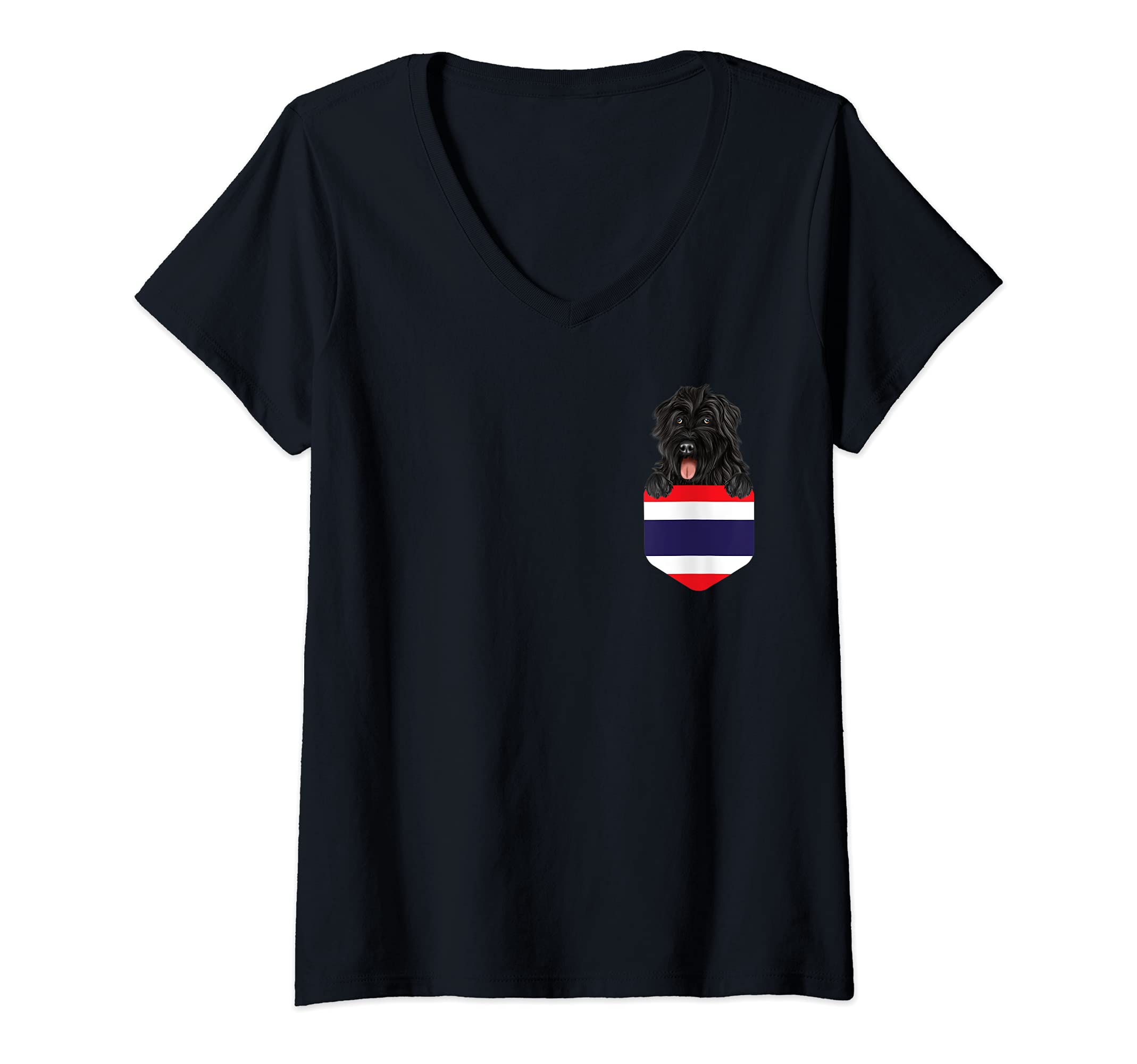 Womens Thailand Flag Bouvier des Flandres Dog In Pocket V-Neck T-Shirt