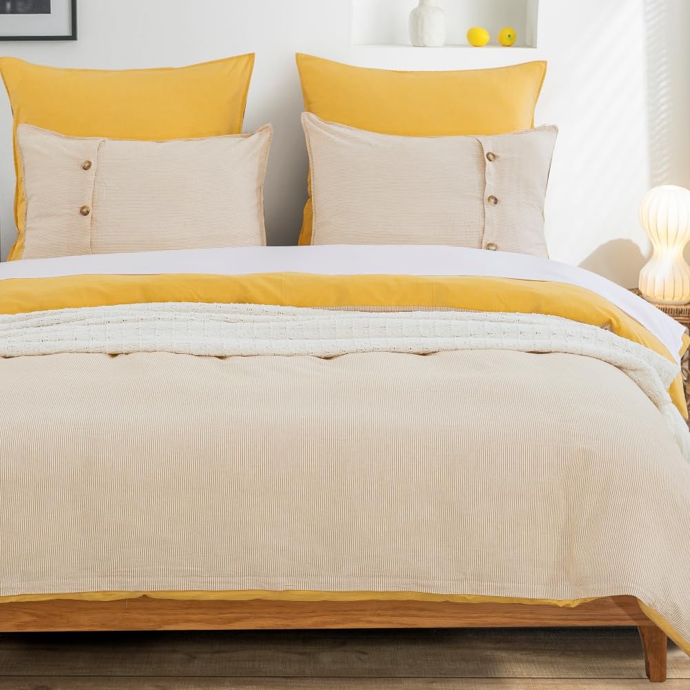 Photo 1 of DAUAOTO Twin XL 68"X92" Duvet Cover Set Reverse to Yarn-Dyed Stripe, Washed Cotton Bedding for Twin Extra Long Bed, Gold Yellow