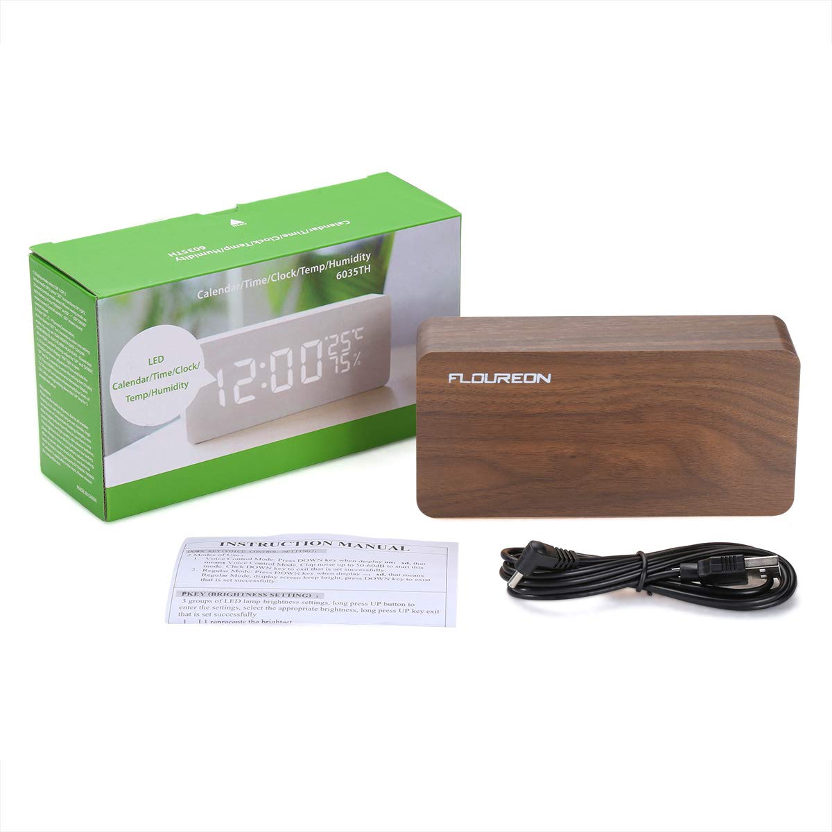 FLOUREON Wooden Alarm Clock LED Desk bedside Digital Clock Calendar/Time/Temperature/Humidity Displaying with 3 Brightness Adjustable and 3 Set of Alarm, Dual Power, Voice Control (Brown)