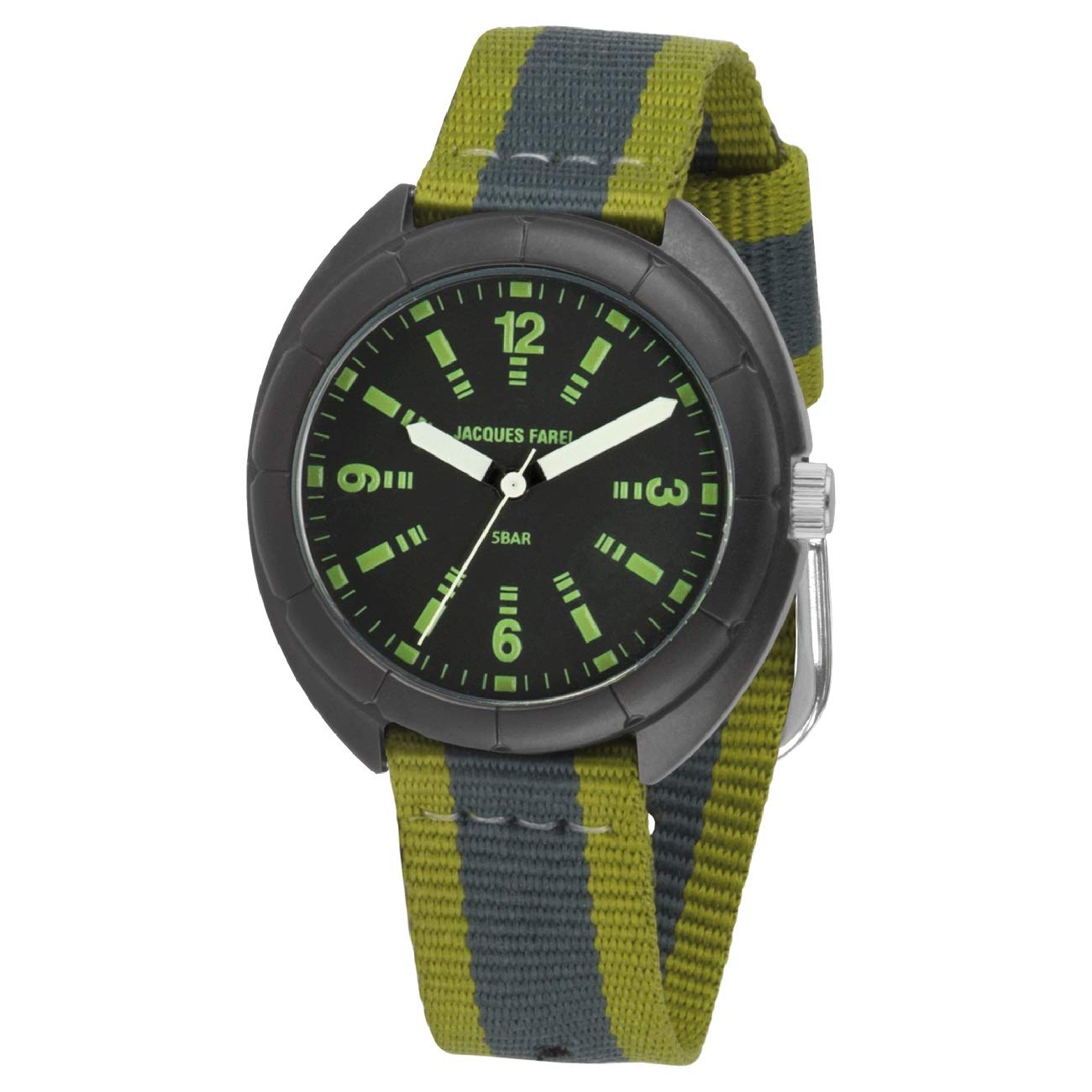JACQUES FAREL STH 14 Boys' Luminous Hands Analogue Quartz Watch Fabric Strap Grey Khaki Olive Stripes, Black/Olive Green, Strap