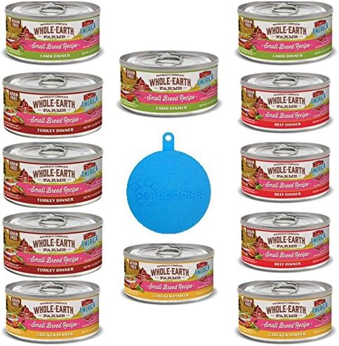 Merrick Whole Earth Farms Grain Free Small Breed Recipe for Dogs in 4 Flavors - Chicken, Beef, Lamb, Turkey Stew (12 Cans Total, 3.2 Oz Ea) Plus 1 Cat/Dog Food Silicone Can Cover - 13 Items Total