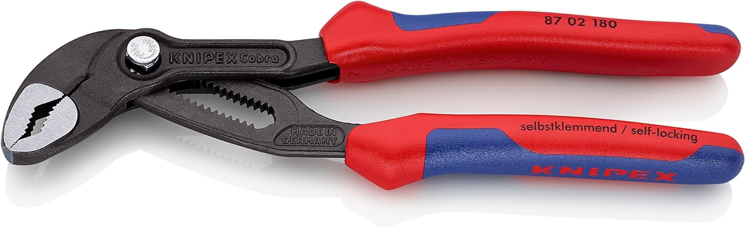 KNIPEX Cobra Water Pump Pliers, 180 mm, Nuts to 36 mm, Pipes to 42 mm, Self-Locking, Fine Adjustment by Button Push, Pipe Wrench, 87 02 180