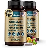 SOLNUVI Shilajit Pure Himalayan Organic Capsules with Irish Sea Moss, Ashwagandha, Copper, Beet Root - Fulvic Acid Trace Minerals Supplement for Men & Women - 90 Count, Non-GMO, Gluten-Free