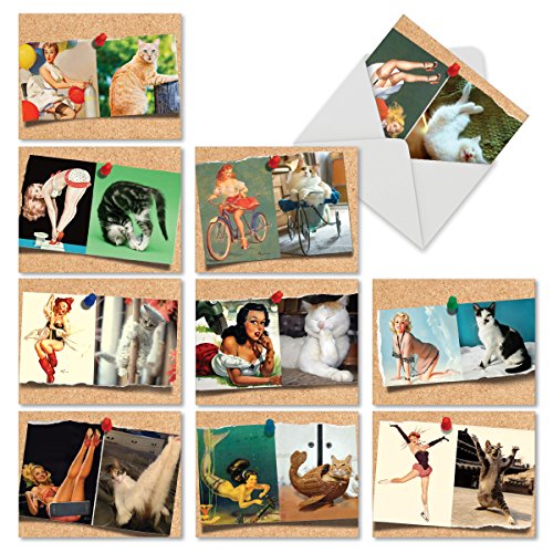 M6484OCB Cats And Chicks: 10 Assorted Blank All-Occasion Note Cards Featuring Retro Pin Up Girls and Felines in Similar Poses, w/White Envelopes.