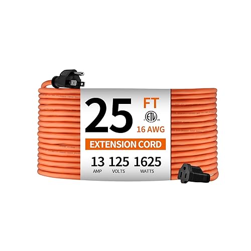 KTMC 25ft 16AWG Outdoor Extension Cord, Indoor/Outdoor 25-Foot SJTW 16/3 Gauge Extension Cable with Durable Weatherproof PVC Vinyl Jacket, 3-Prong Grounded Plug, ETL Certified 13A 1625W, Orange