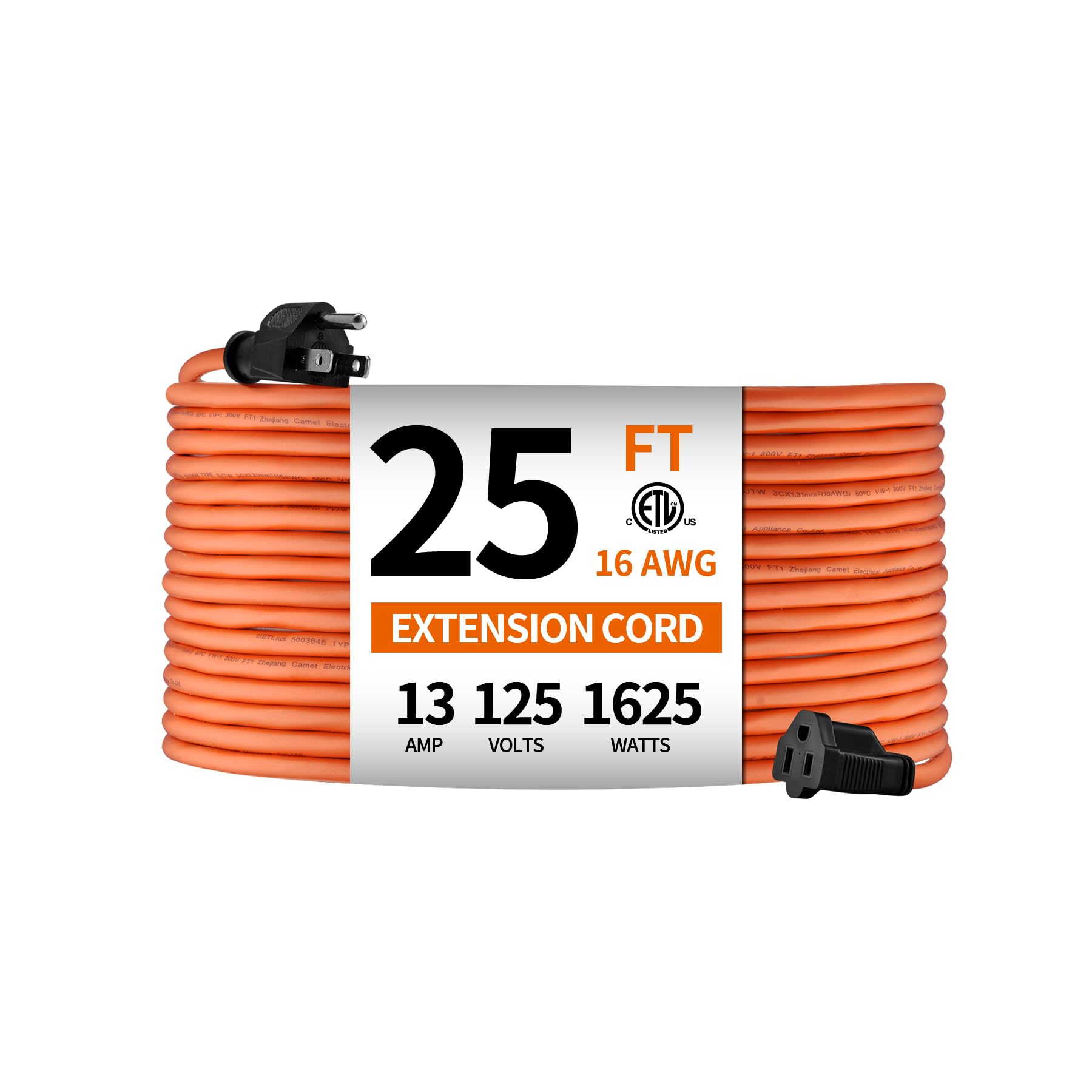 Photo 1 of KTMC 25ft 16AWG Outdoor Extension Cord, Indoor/Outdoor 25-Foot SJTW 16/3 Gauge Extension Cable with Durable Weatherproof PVC Vinyl Jacket, 3-Prong Grounded Plug, ETL Certified 13A 1625W, Orange