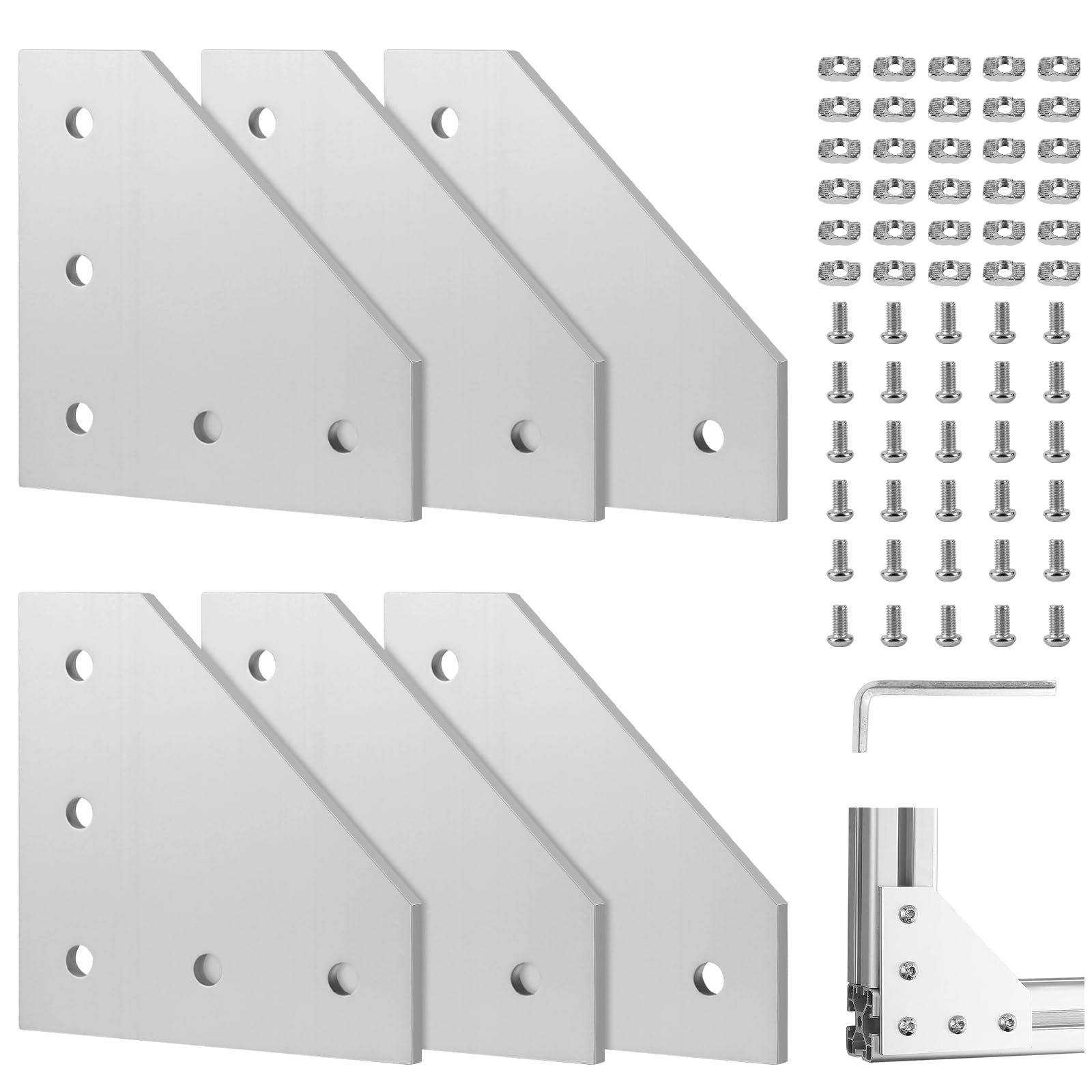 EXLECO 6 Corner Bracket Connection Plate Aluminium Profile 30 x 30 Corner Bracket Plate Corner Angle Plate Outer Profile L Profile Aluminium with Nuts Screws Wrench for 7 mm Slot Aluminium Profile