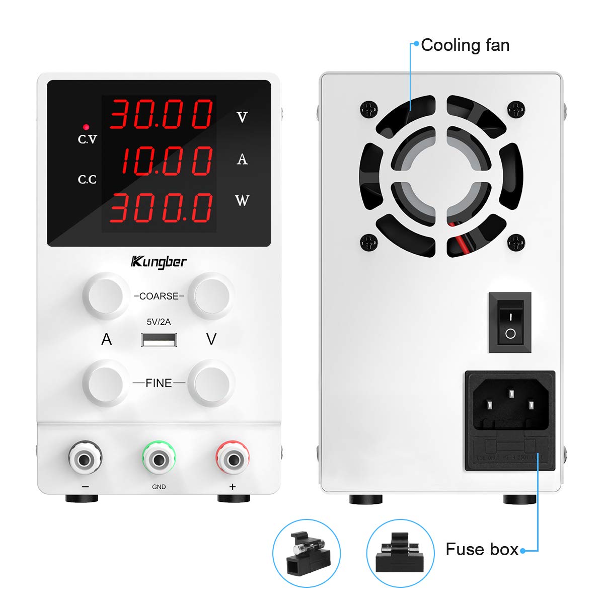 Kungber DC Power Supply Variable, 30V 10A Adjustable Switching Regulated DC Bench Linear Power Supply with 4-Digits LED Power Display 5V2A USB Output, Coarse and Fine Adjustments with Alligator Leads: Computers & Accessories
