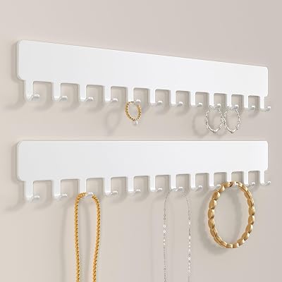 Josmimic Wall Necklace Organizer Holder White 2 Piece Wall Mounted Jewelry
