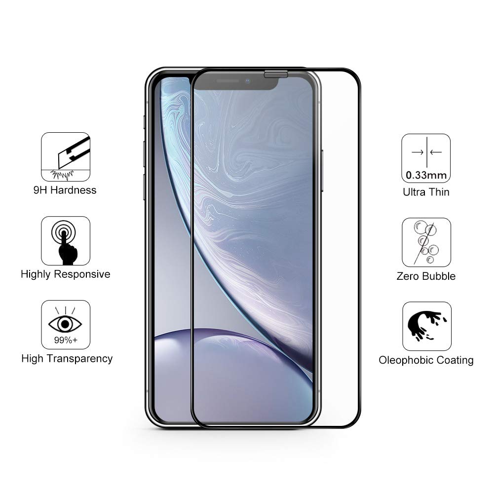 EyeO2 Screen Protector for iPhone XR 9h Hardness Tempered Glass Film Anti-Scratch Anti-Fingerprint 3D Curved Guard Screen Replacement Case Friendly Bubble Black Edge Free Full Coverage