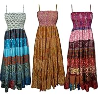 Gypsy Goddess Mogul Wholesale Lot 3 Pcs Womens Sundress Recycled Vintage Sari Patchwork Maxi Dress