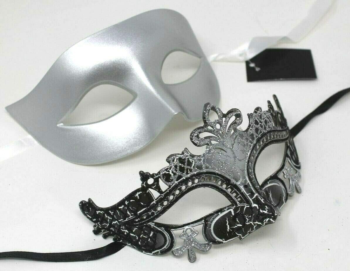 HIS N HERS PAIR OF CO-ORDINATED SILVER & BLACK COUPLES VENETIAN MASQUERADE CARNIVAL PARTY BALL EYE MASKS, Silver Black, 8cm deep