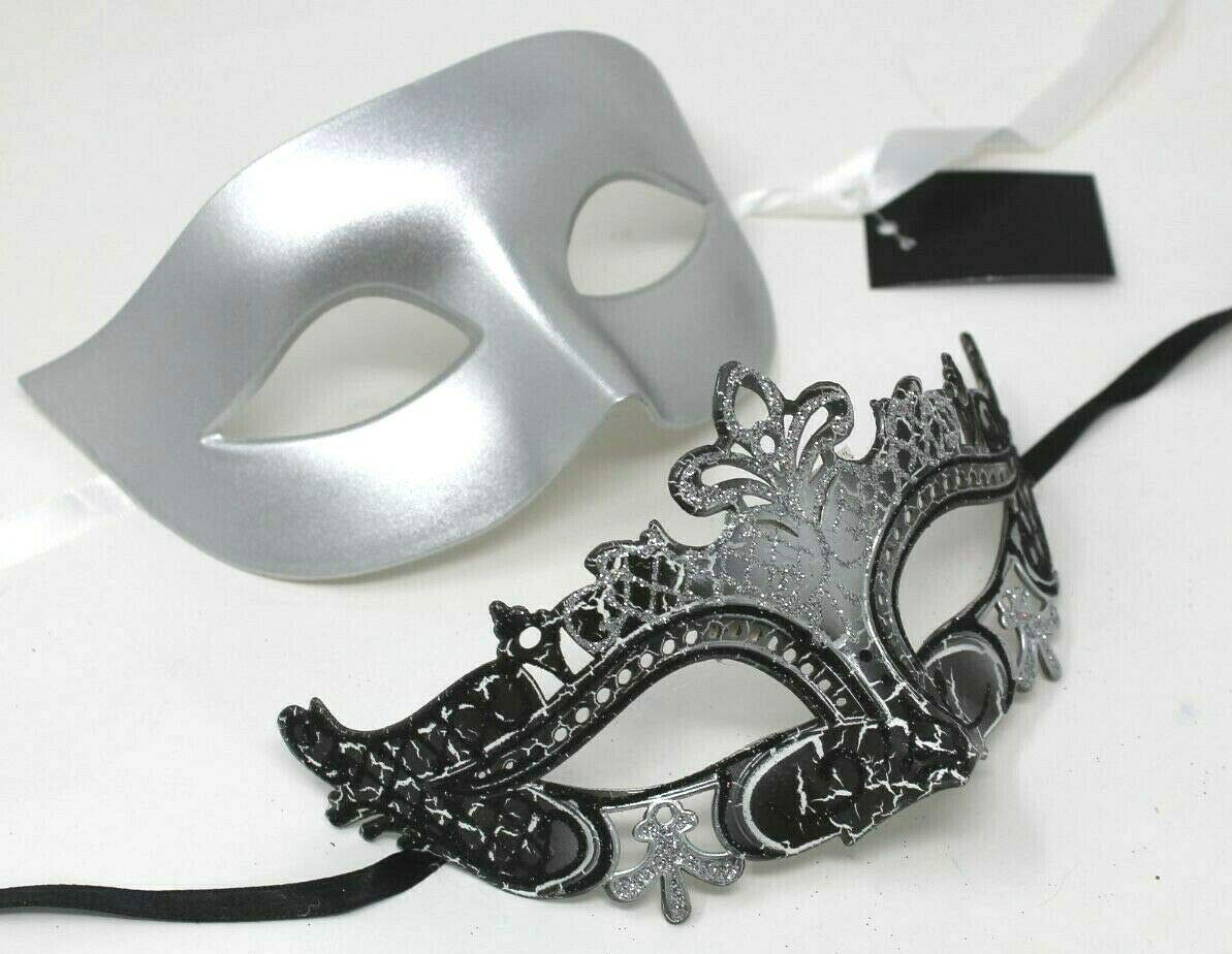 HIS N HERS PAIR OF CO-ORDINATED SILVER & BLACK COUPLES VENETIAN MASQUERADE CARNIVAL PARTY BALL EYE MASKS