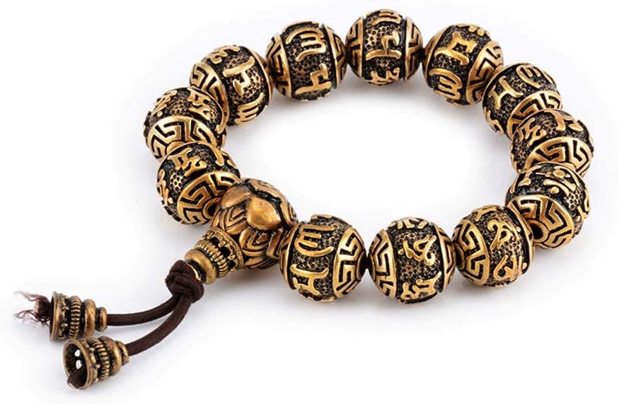 iZasky Prayer Beads Bracelet Rope Copper Carved Tibetan Buddhism Meditation Yoga Six Words Mantras Charm Jewelry for Men Women