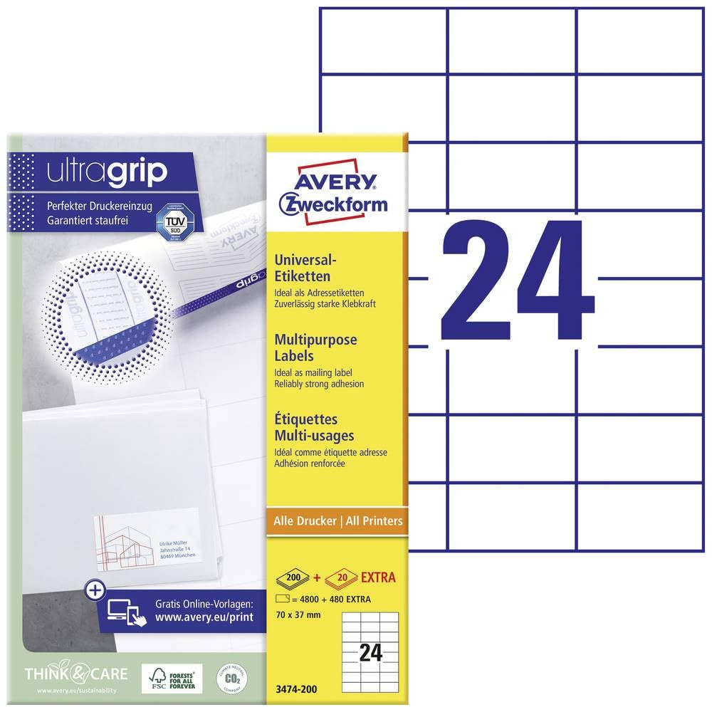 Avery Zweckform Universal Labels 70 x 37 mm for All A4 Printing White — image 1