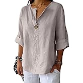 TERIVEEK Summer Linen Shirts for Women Button Down V Neck 3/4 Sleeve T-Shirt Blouse Casual Loose Basic Solid Tunic Tops 2025