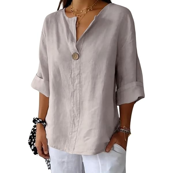 Womens Cotton Linen T-Shirt 3/4 Sleeve Round Neck Loose Linen