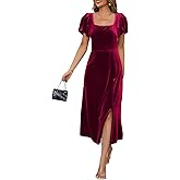 BLENCOT Women's Casual Fall Short Sleeve Square Neck Midi Dress Side Slit Velvet Wedding Guest Flowy Party Dresses