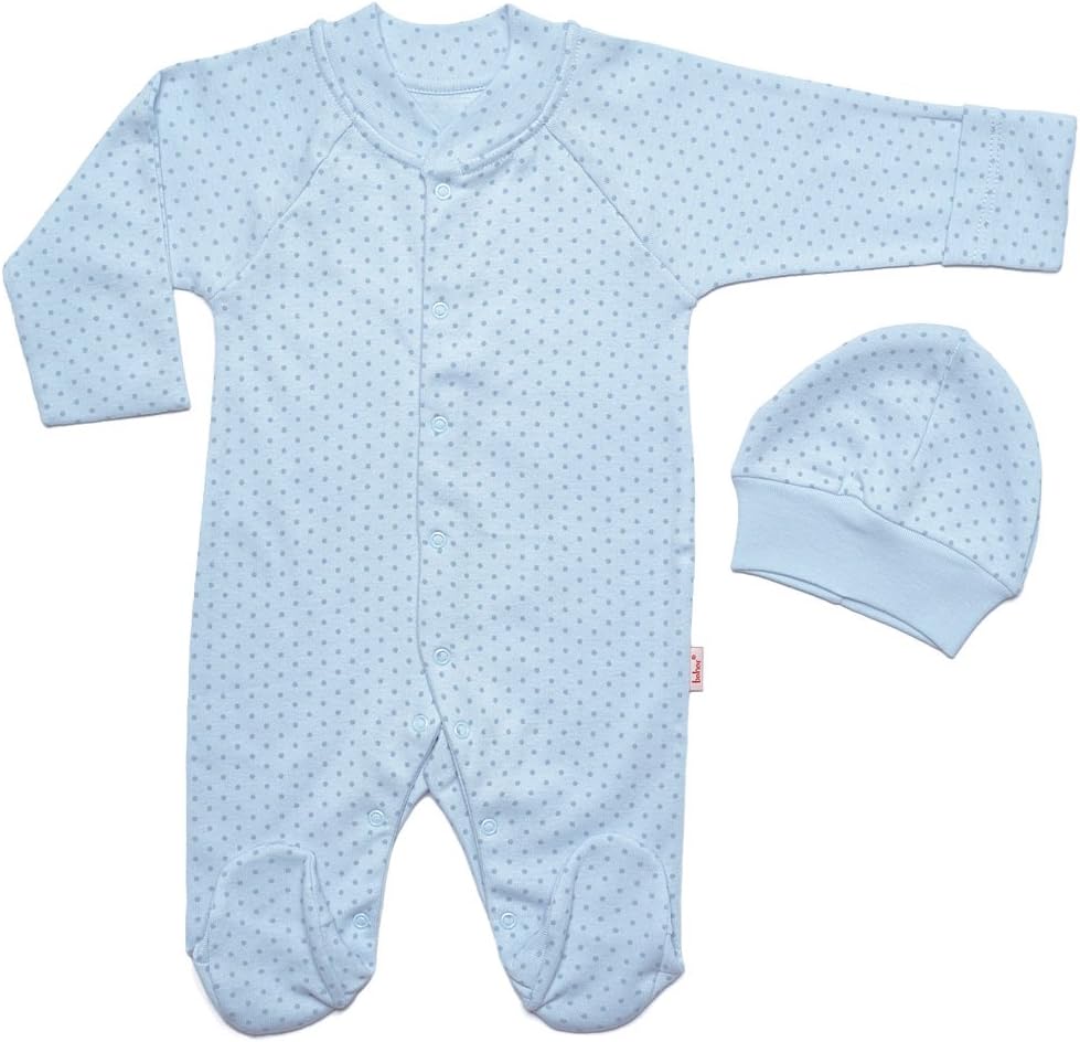 Bahar Bebe Soft Turkish Cotton Polka Dot Footie and Hat Set.
