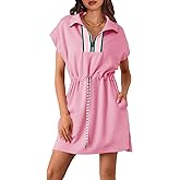Fisoew Womens Short Sleeve Mini Dress Summer Quarter Zip V Neck Casual Sweatshirt Dresses with Drawstring Waist