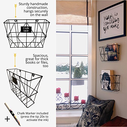 2 Wall Mount Mail Organizers - Black Metal Wire Magazine Storage Baskets for Home and Office - Thumbnail 3