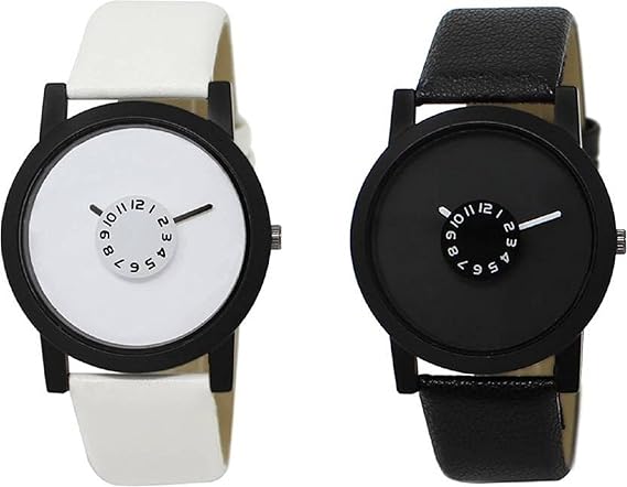 Leather Analogue Black and White Dial Mens Watches - Pack of 2