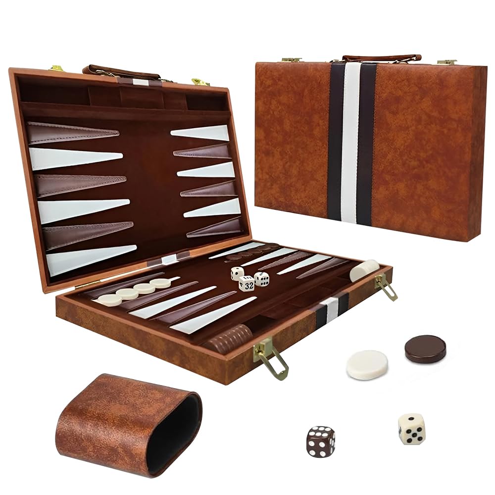 RNPKZ Backgammon Set, 15 Inch Portable Travel Backgammon Set with Premium Leather Case, Folding Classic BackgammonSets, 2 Players Classic Backgammons Board Game for Kids Adults Family Party (Brown)