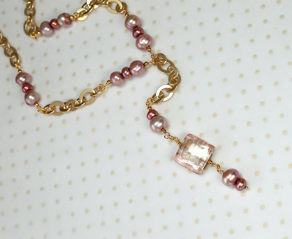 Y Necklace Rose Pink Cultured Freshwater Pearls Venetian Murano Glass Bead Pendant Gold-Plated Chain