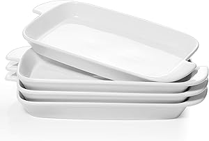 DOWAN Serving Platter, 10 inches Porcelain Platter with Handle, White Dinner Plates Rectangular Set of 4, Ceramic Stackable Dish Set Microwave Safe Serving for Dessert, Salad, Appetizer, Pasta, Steak