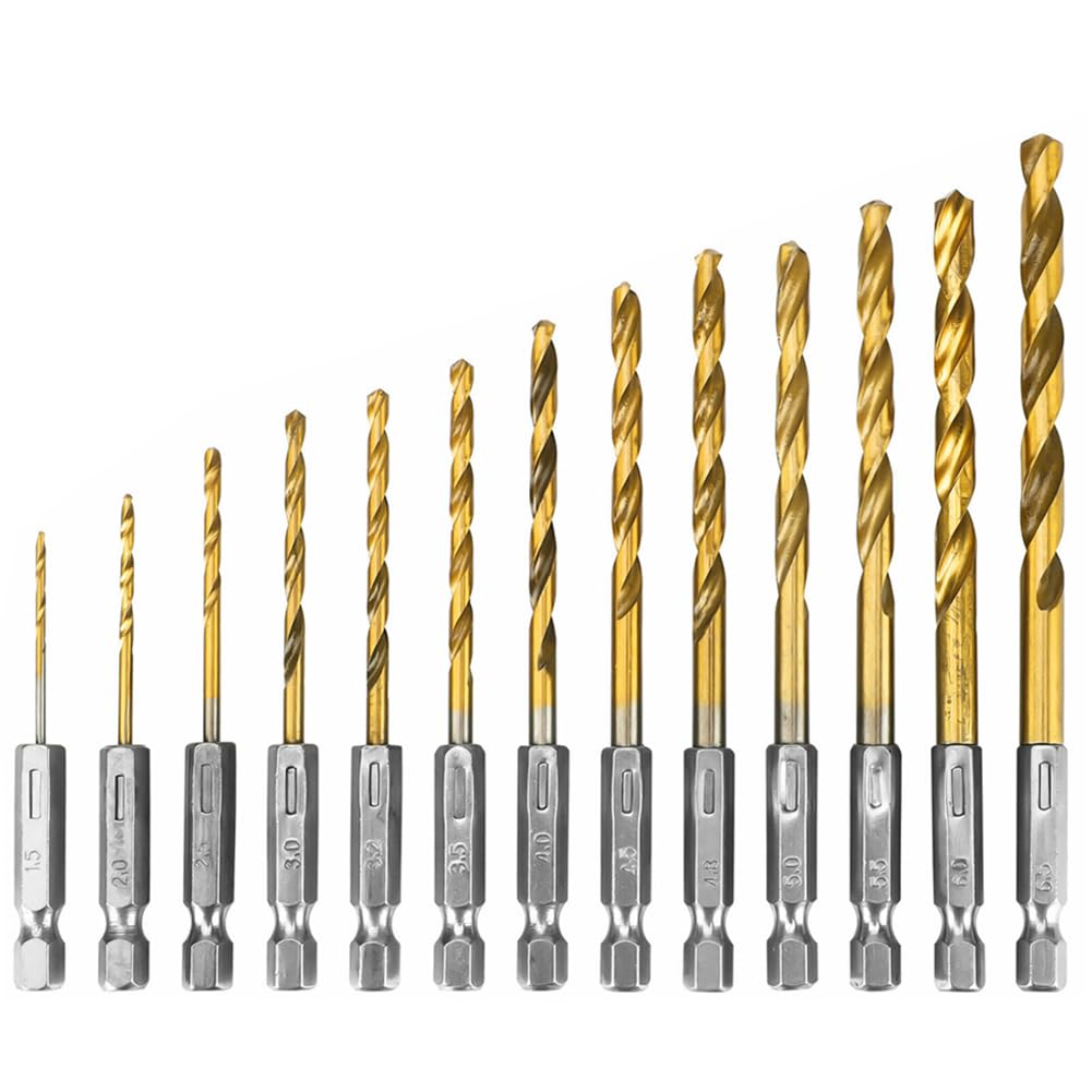 Teocpai HSS 1.5mm - 6.5mm Hex Drill Bit Set Titanium Metal Drill Bits for Wood Plastic 13pcs