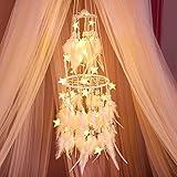 Dremisland Double Circle White Feather Dream Catcher with Mobile LED Fairy Lights Wall Hanging Ornaments Ceiling Decor for Be