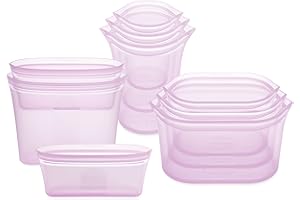 Zip Top Reusable Food Storage Bags | 9 Piece Set [Lavender] - 3 Bags, 3 Cups, 3 Dishes | Silicone Meal Prep Container | Micro