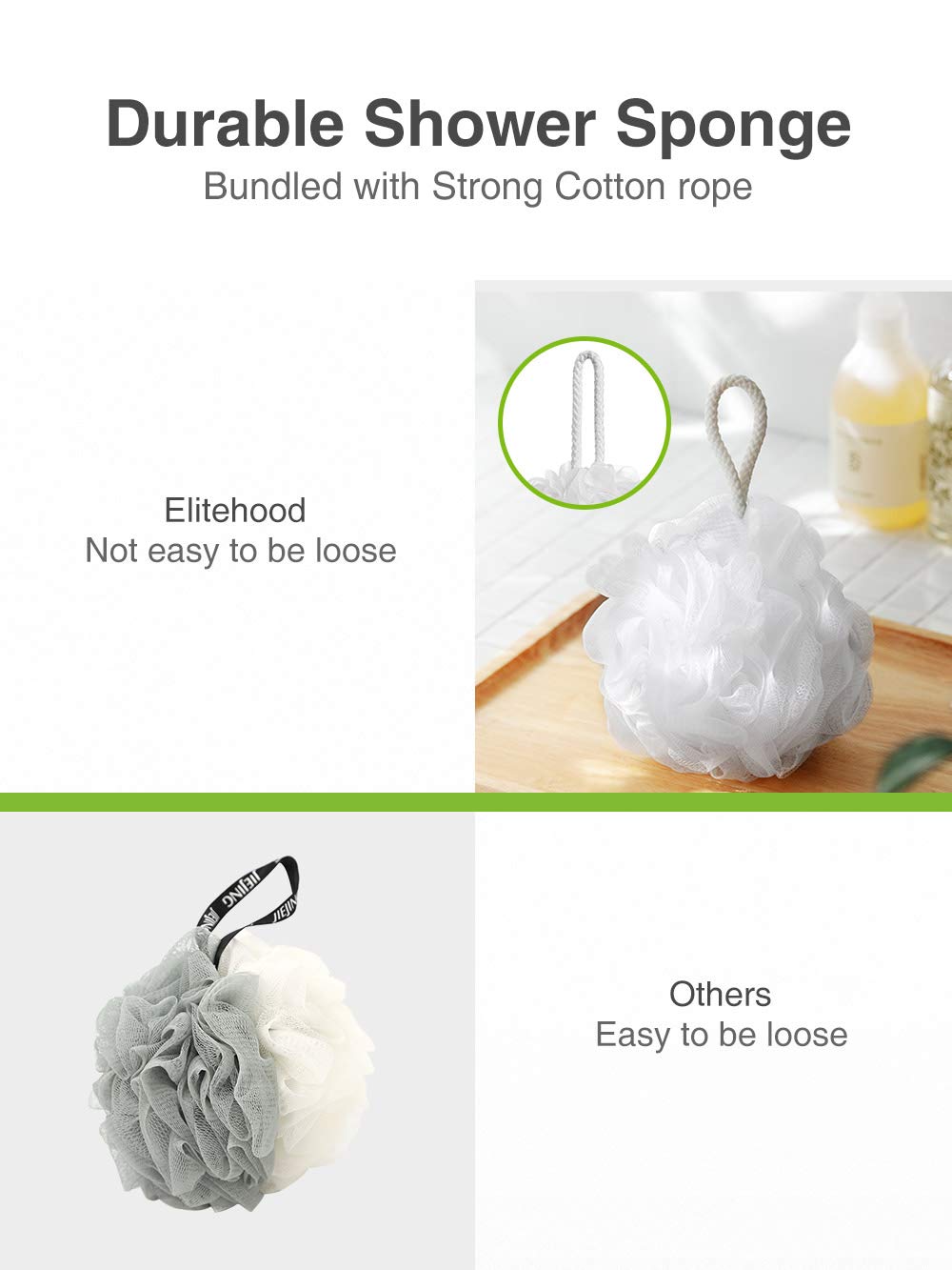 Elitehood Bath Loofah for Woman, 3 Pack Mens Loofa, Extra Large Exfoliating Loofah, Mesh Pouf Kids Loofah and Loofa Sponge Natural, 60G Large Shower Bath Loofah with 3 Different Colors Loofah Sponge: Beauty