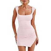 Misng Womens Sexy Mini Sleeveless Dress Square Neck Backless High Side Slit Ruched Bodycon Cocktail Club Party Short Dresses