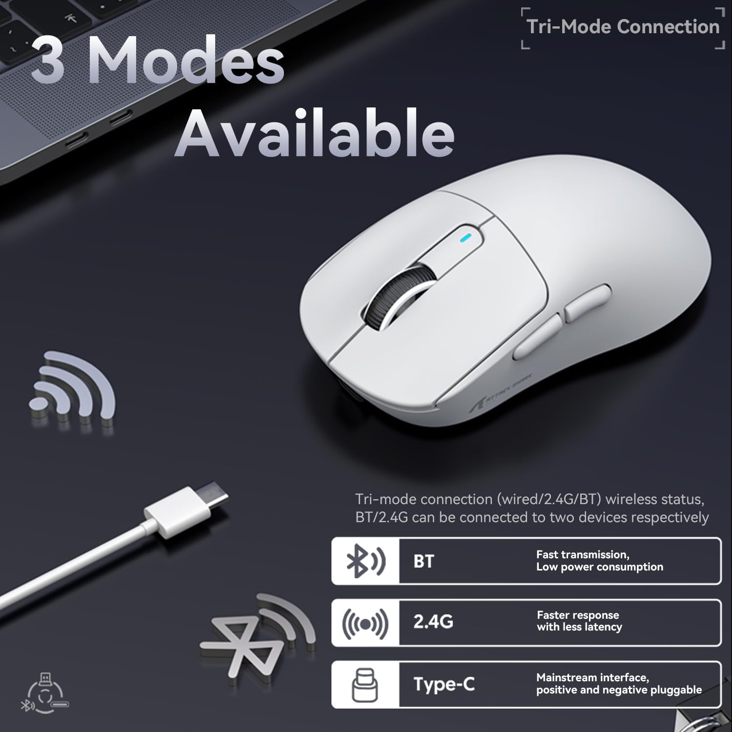 MAMBASNAKE Attack Shark X3 Wireless Gaming Mouse, 49g Ultralight, PixArt PAW3395 26000 DPI, Bluetooth/2.4Ghz /Wired Tri-Mode, 200Hrs Rechargeable Battery, Kailh GM8.0 Switch for PC/MAC/Win - White