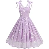 Adjustable Spaghetti Strap Leaf Floral Embroidery Dress for Women Wedding Guest Dress Summer Tie Strap Formal Tulle Prom Dress Women's Cocktail Dresses Short Casual Beach Tea Party Dress Purple 2XL