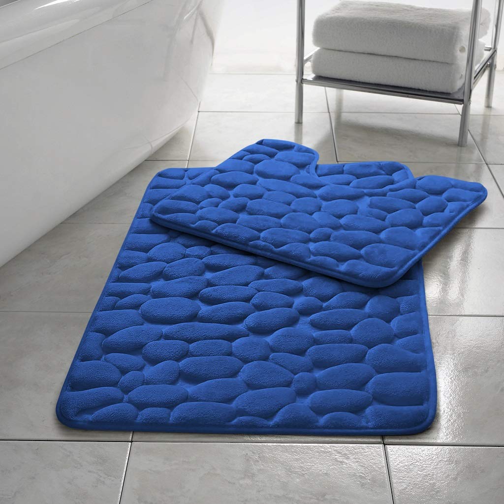 Velvet Stitch Memory Foam Pebbles Bath Mat Non Slip Bathroom Rug Set Of 2 Bath Mats Absorbent, Soft & Comfortable, Easy To Clean Pedestal Bathroom Rugs (Royal Blue)