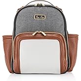 Itzy Ritzy Mini Diaper Bag Backpack – Chic, Compact Mini Plus Backpack with Changing Pad, 10 Pockets (6 Internal, 4 External), Grab-Top Handle & Rubber Feet (Coffee & Cream)