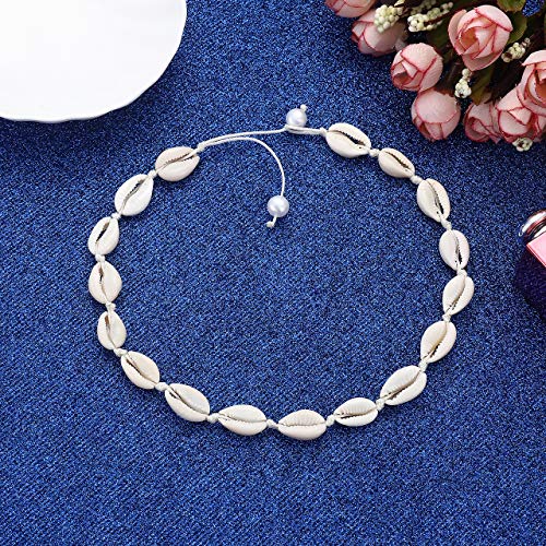 HSWE Shell Choker Necklace for Women Seashell Necklace Statement Adjustable Puka Shell Pendant Cord Bib Collar Necklace Bracelets Set Hawaiian Jewelry (Shell Necklace Set#1)