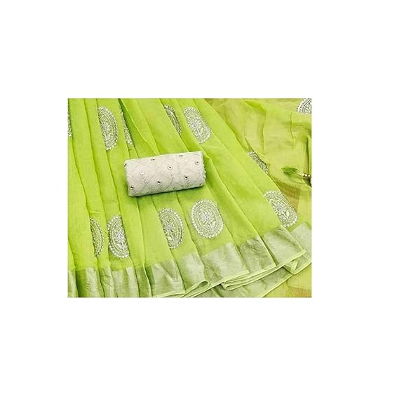 Womens Cotton Blend & Linen Saree With Blouse (Pista)