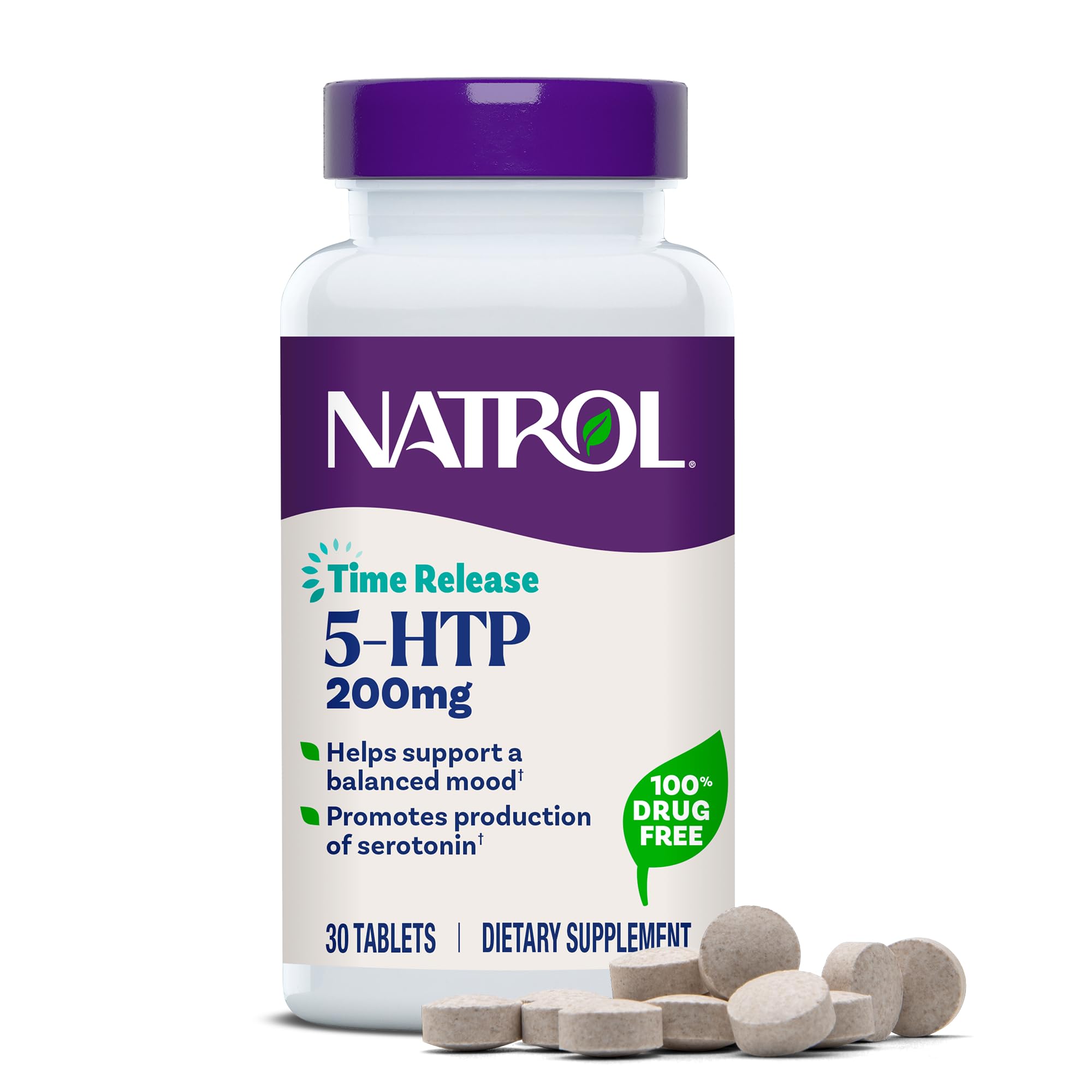 Natrol 5-HTP 200 mg, Time Release, Support a Balanced Mood, Dietary Supplement Provides Serotonin Production Throughout the Day, 30 Tablets, Up to a 30 Day Supply