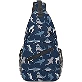 COFEIYISI Shark Print Sling Bag for Women Men Abstract Shark Silhouettes Swimming Sea Fish Blue Crossbody Backpack Underwater Animal Print Sling Backpack Casual Shoulder Bag Travel Hiking Daypack
