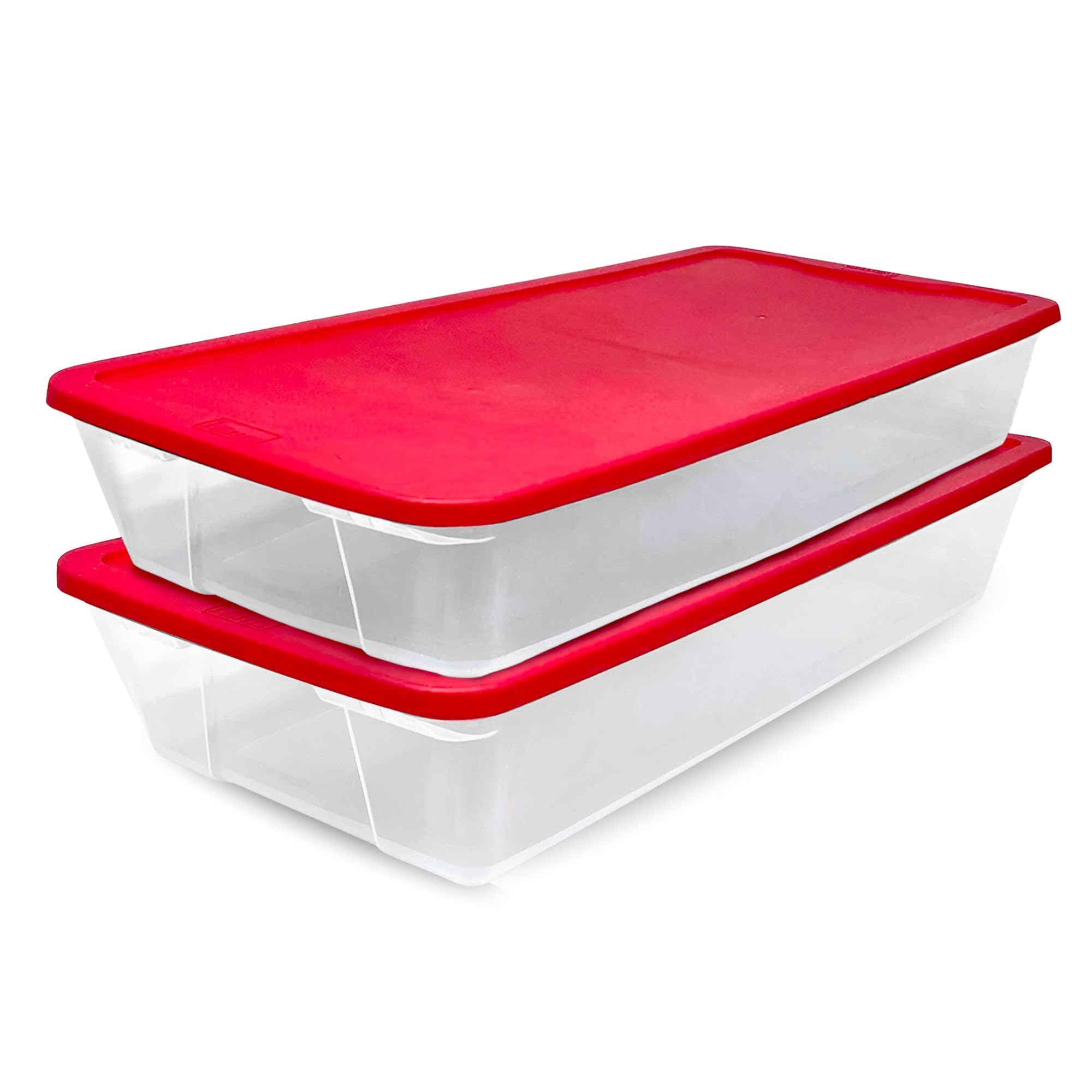 Photo 1 of ***MAJOR DAMAGE*** HOMZ 2-Pack Holiday Tote, Clear Plastic Storage Organizer Bins with Lids, 41 Quart, Red - Stackable Organizing Containers for Christmas Ornament Decorations, Gift Wraps, and Crafts